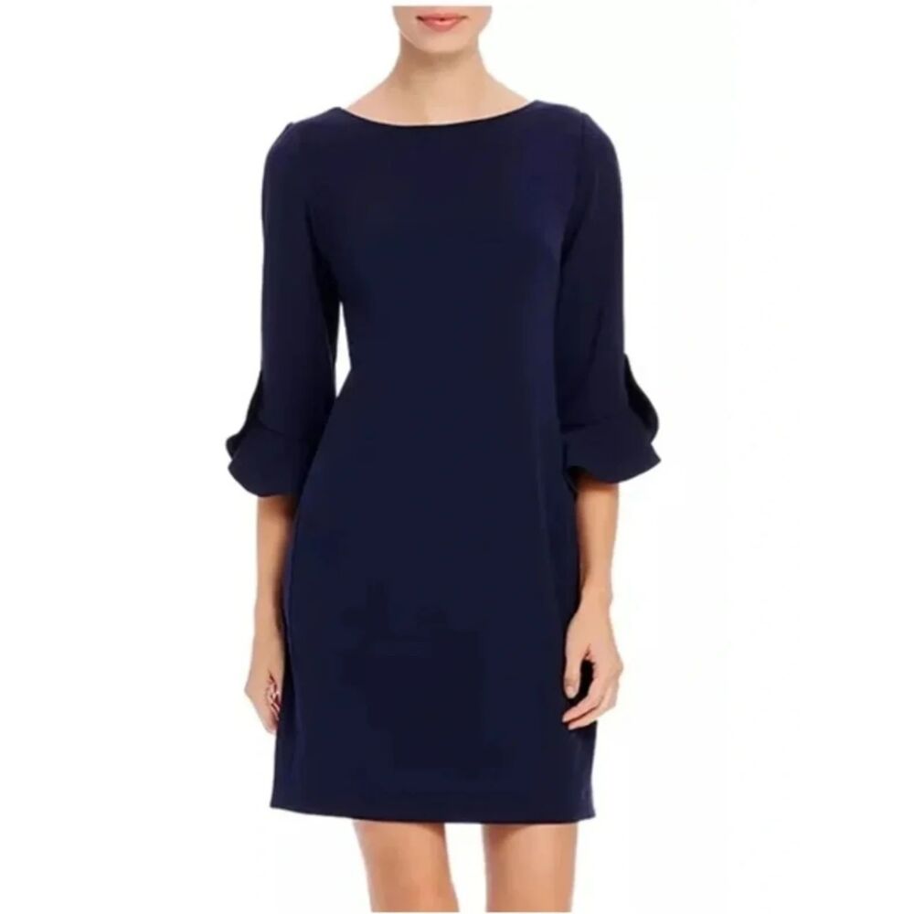 Karl Lagerfeld Paris Ruffle-Cuff Navy Blue Sheath Knee Length Dress Sz 8 NWOT